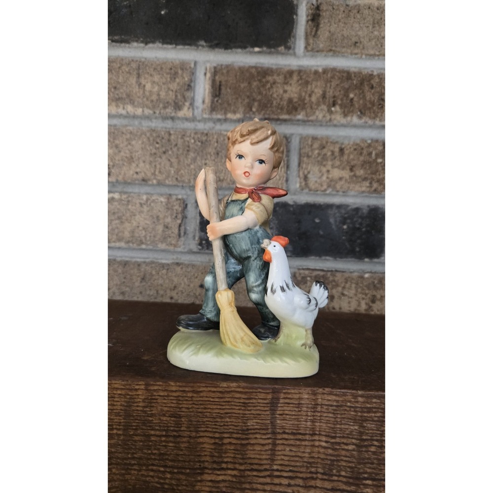 Vintage Japan Boy with Broom & Chicken Figurine G‎ Mark Hand Painted Farm Scene